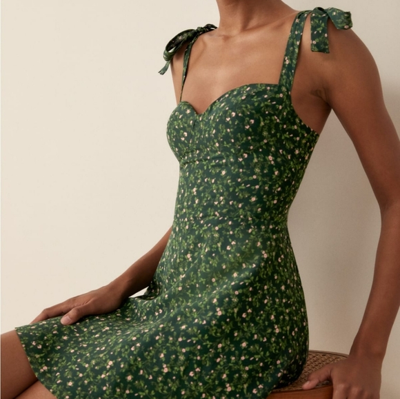 Green Floral Sweetheart Neck Chiffon Dress with Ribbon Straps - Picture 3 of 16